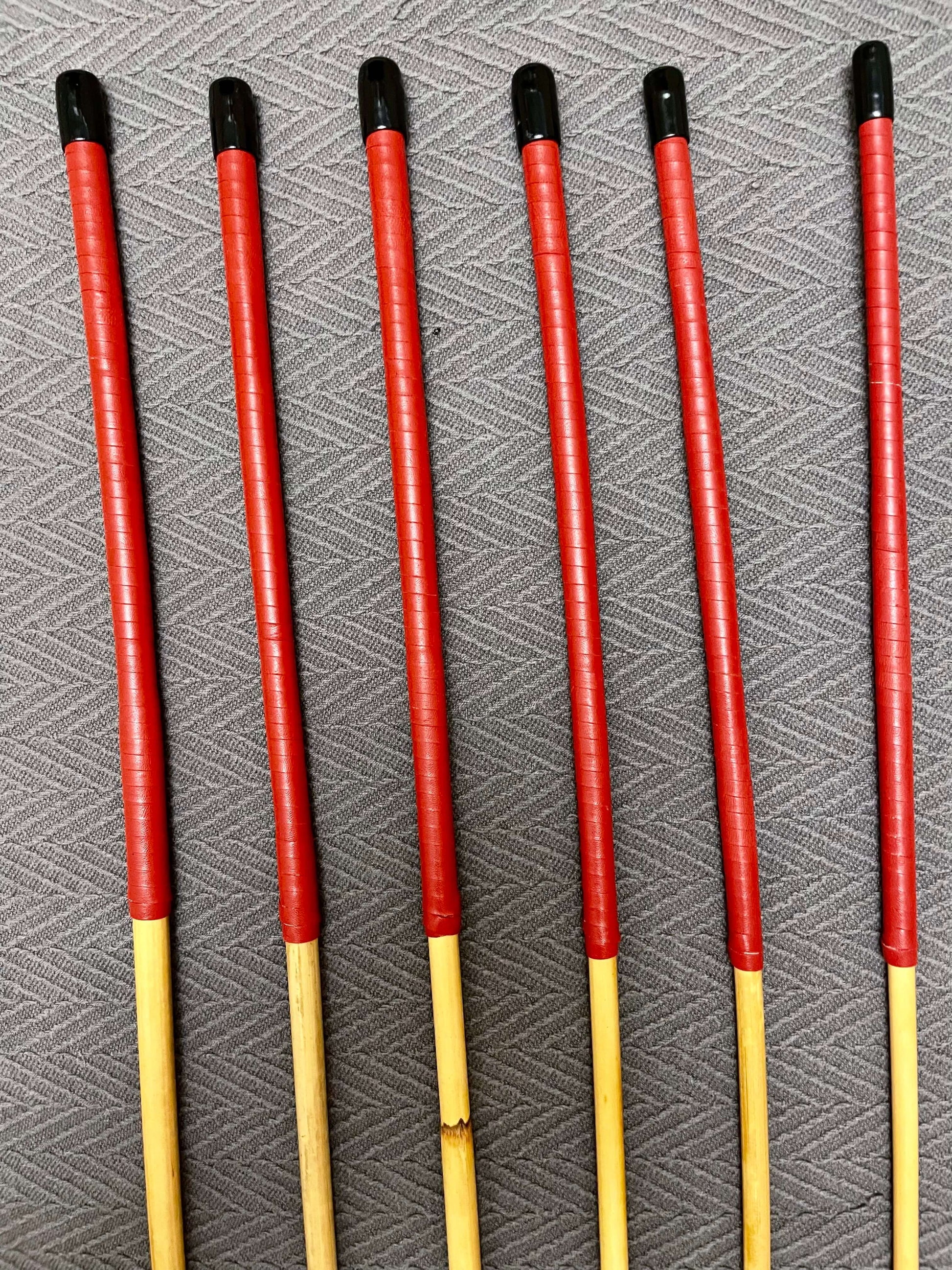 ProDomme Set of 6 Dragon Canes / School Canes / BDSM Canes - 90 cms L & 7.5 - 12.5 mm D - Red Kangaroo Leather Handles - Stripewell Canes