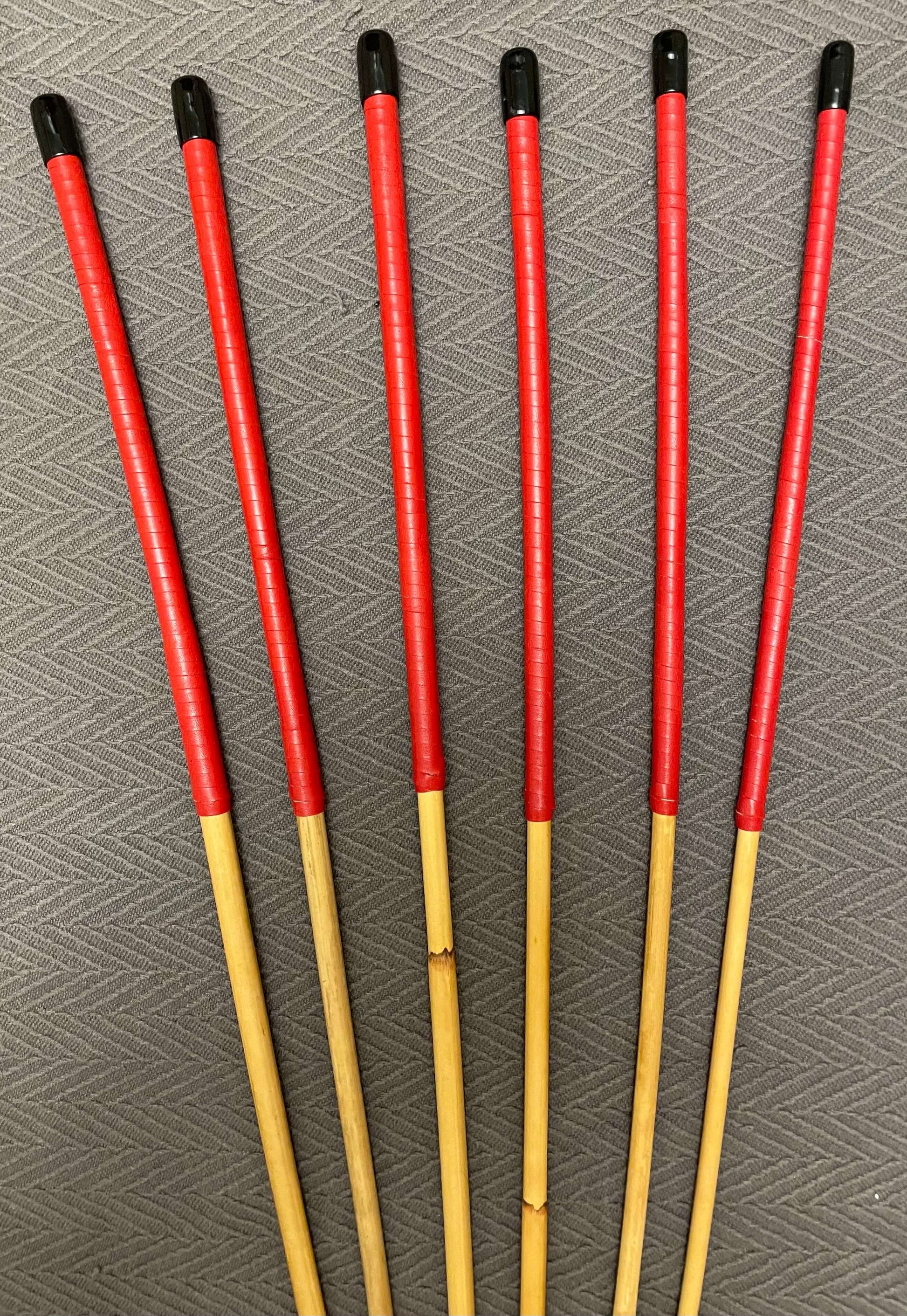 ProDomme Set of 6 Dragon Canes / School Canes / BDSM Canes - 90 cms L & 7.5 - 12.5 mm D - Red Kangaroo Leather Handles - Stripewell Canes