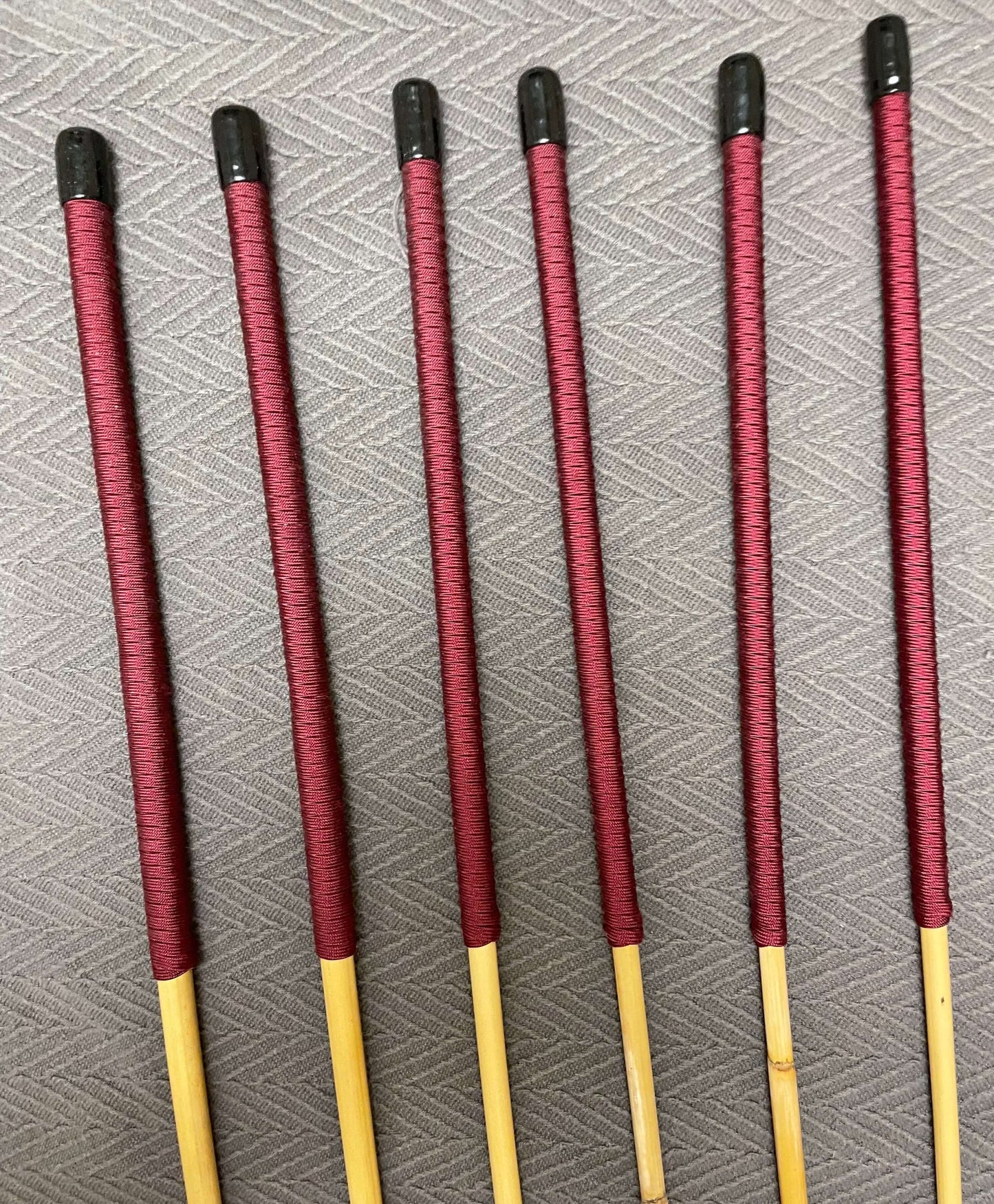 Six of the Best Set of 6 Dragon Canes / School Canes / BDSM Canes - 90 cms L & 7.5 - 12.5 mm D - Burgundy / Brown Handles - Stripewell Canes