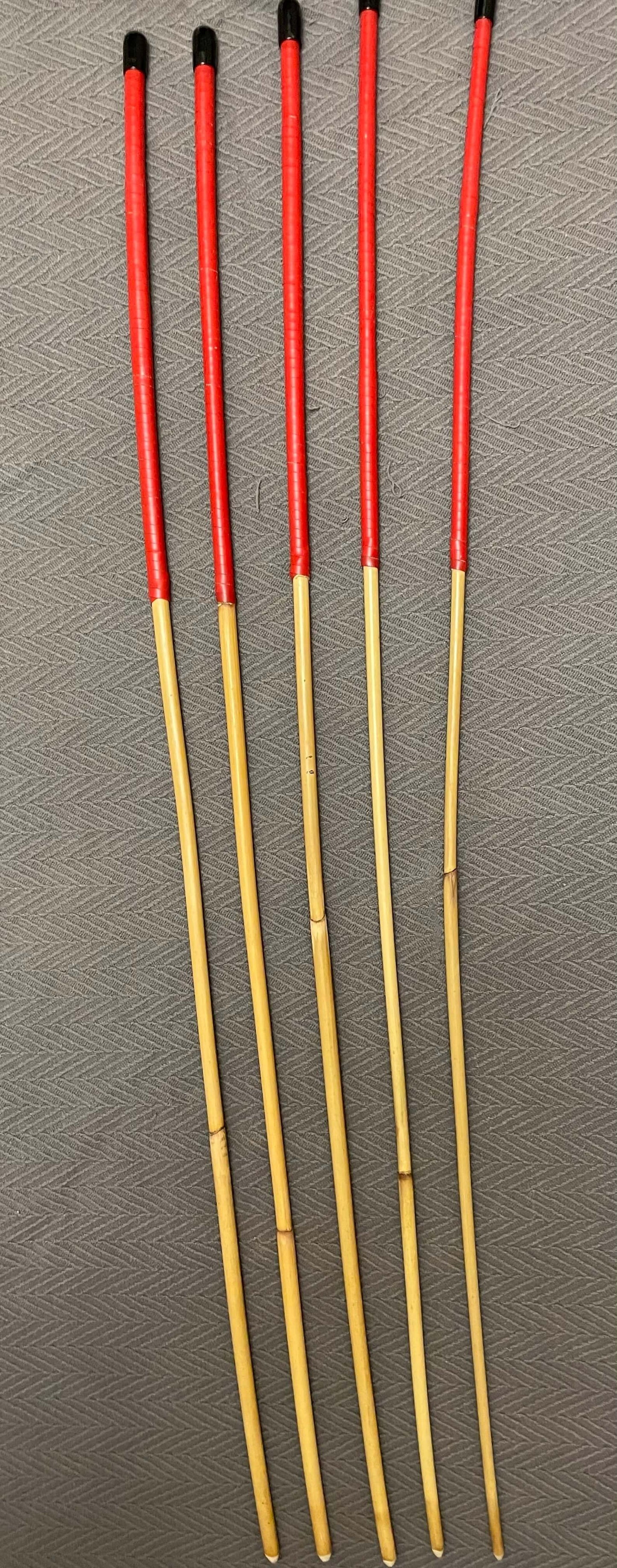 ProDomme Signature Set of 5 Natural Dragon Rattan Canes / School Canes / Whipping Canes - PRO SET - 102 to 105 cms Length - 15” Red / Brandy Kangaroo Leather Handles