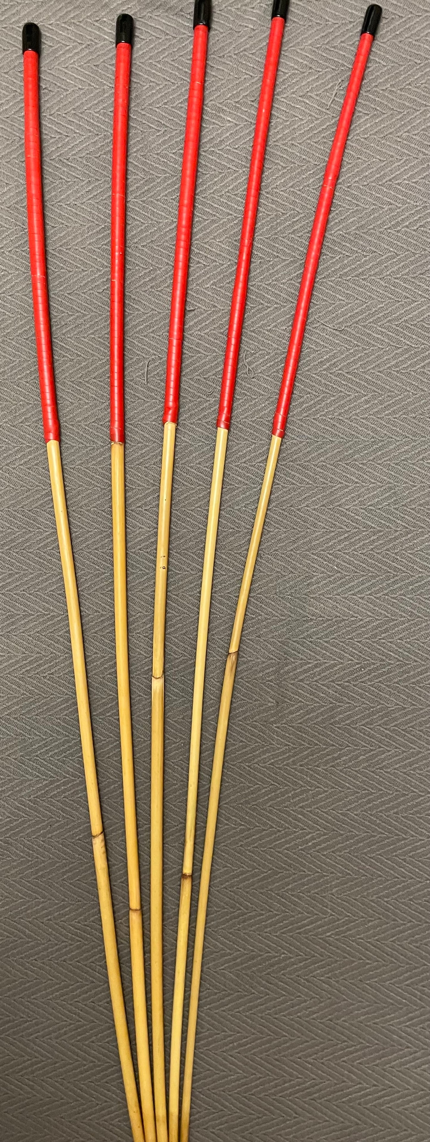 ProDomme Signature Set of 5 Natural Dragon Rattan Canes / School Canes / Whipping Canes - PRO SET - 102 to 105 cms Length - 15” Red / Brandy Kangaroo Leather Handles