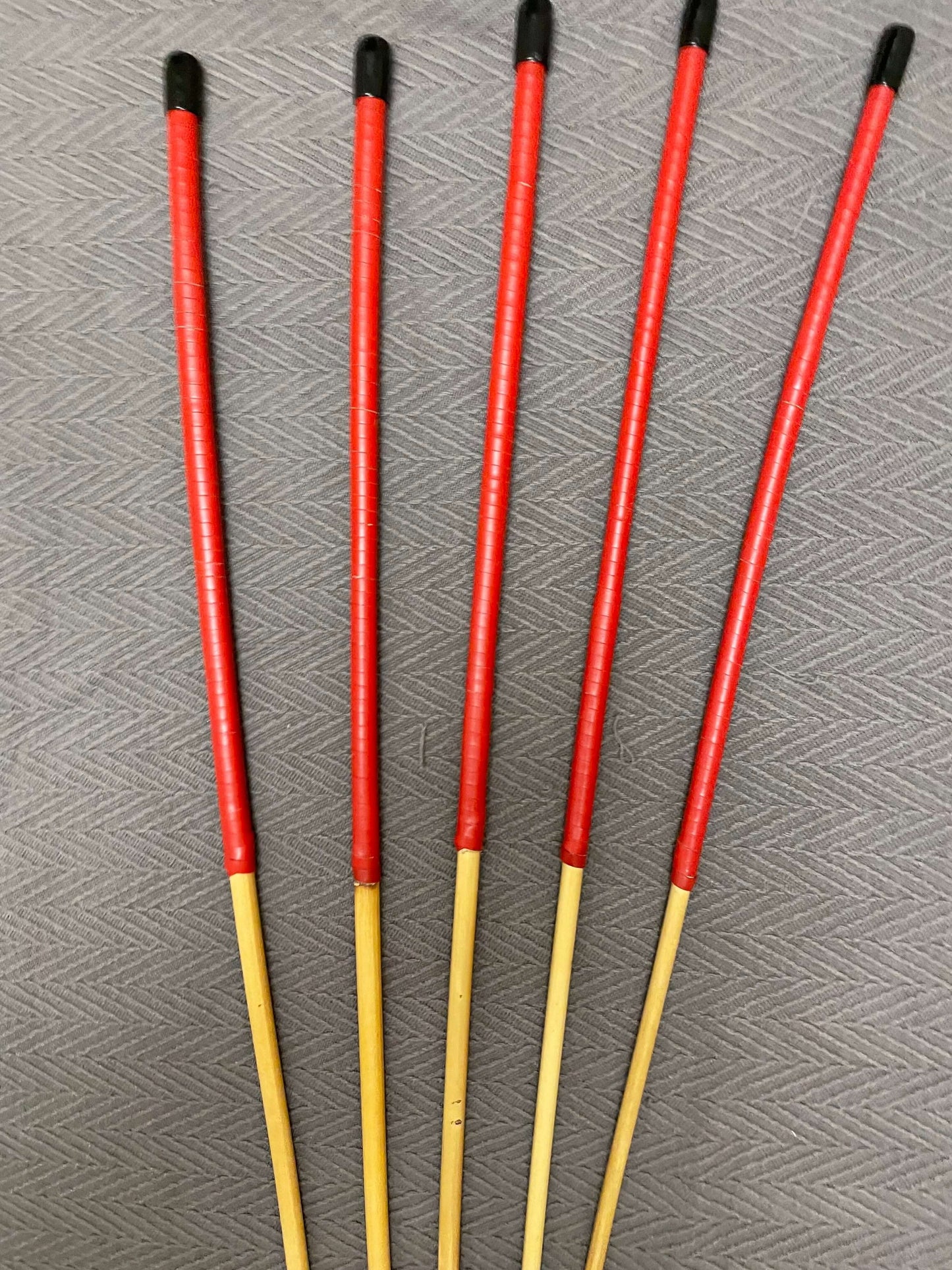 ProDomme Signature Set of 5 Natural Dragon Rattan Canes / School Canes / Whipping Canes - PRO SET - 102 to 105 cms Length - 15” Red / Brandy Kangaroo Leather Handles