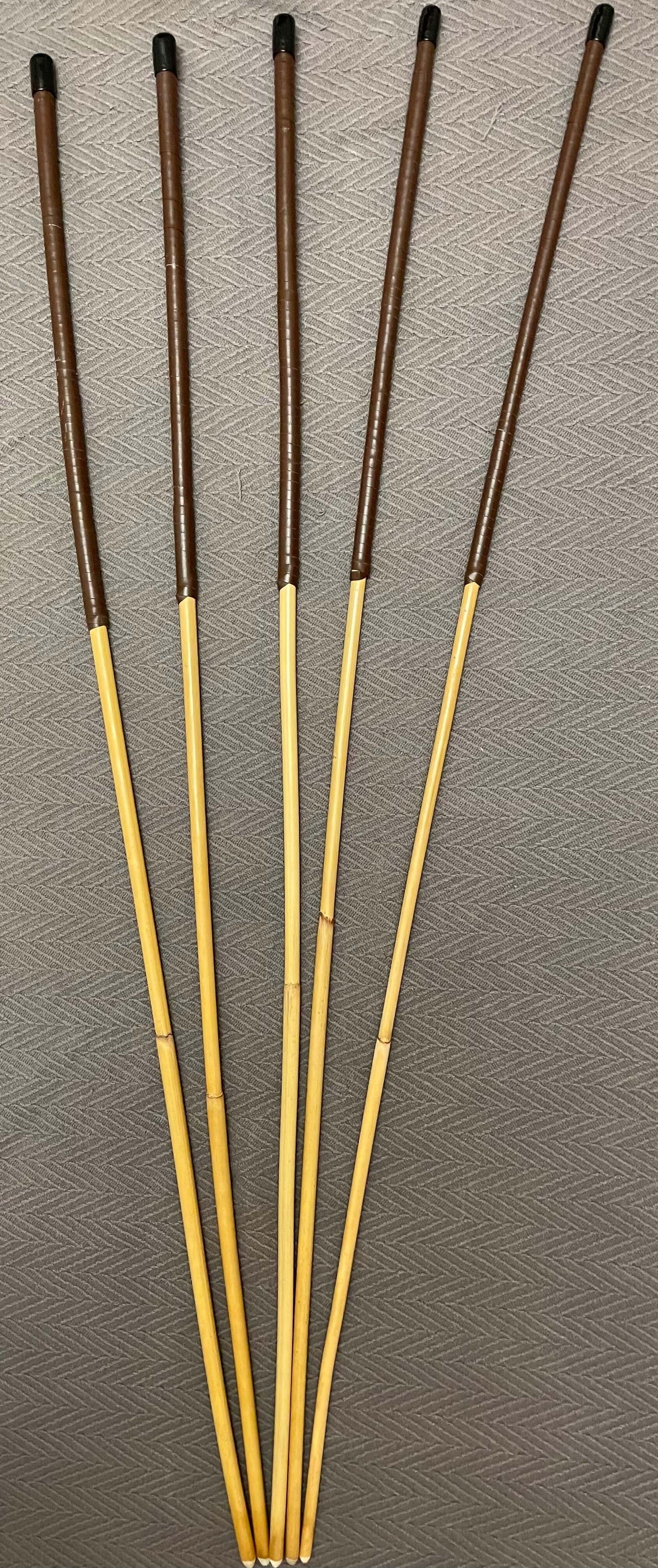 ProDomme Signature Set of 5 Natural Dragon Rattan Canes / School Canes / Whipping Canes - PRO SET - 102 to 105 cms Length - 15” Red / Brandy Kangaroo Leather Handles