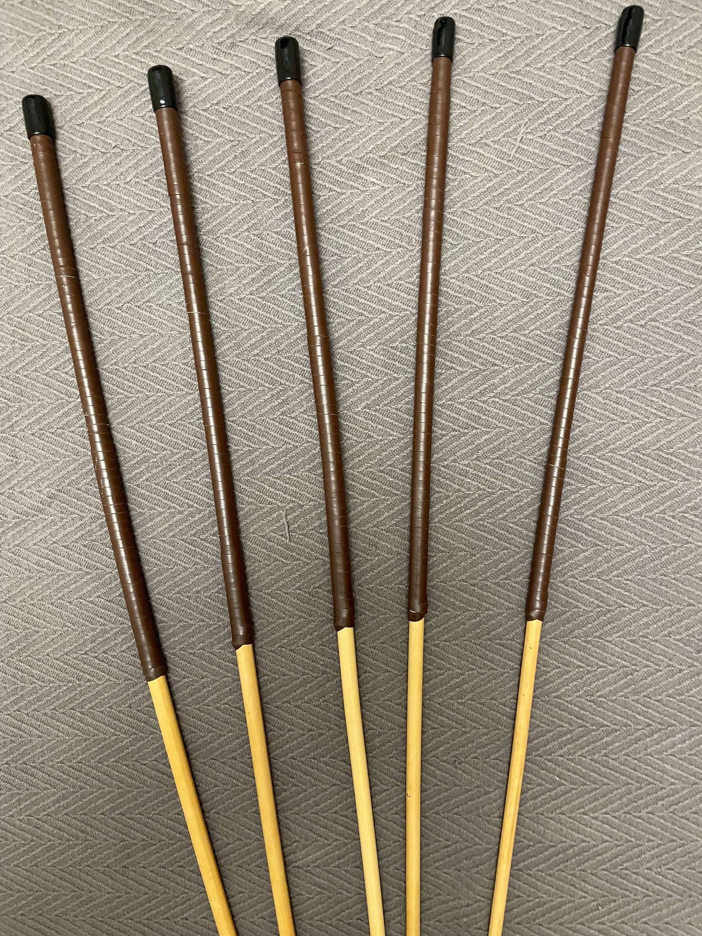 ProDomme Signature Set of 5 Natural Dragon Rattan Canes / School Canes / Whipping Canes - PRO SET - 102 to 105 cms Length - 15” Red / Brandy Kangaroo Leather Handles