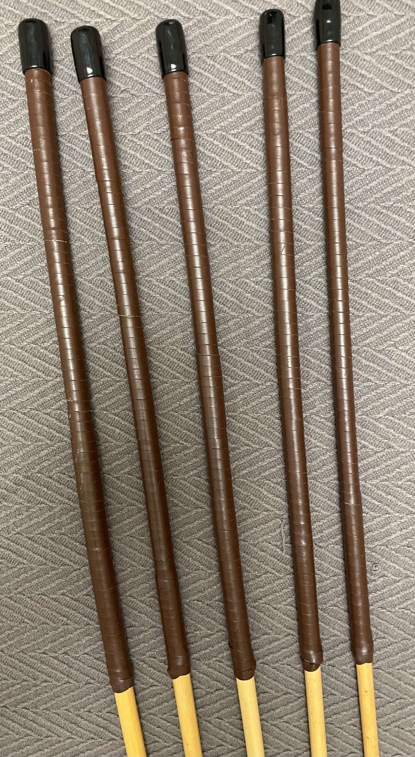 ProDomme Signature Set of 5 Natural Dragon Rattan Canes / School Canes / Whipping Canes - PRO SET - 102 to 105 cms Length - 15” Red / Brandy Kangaroo Leather Handles