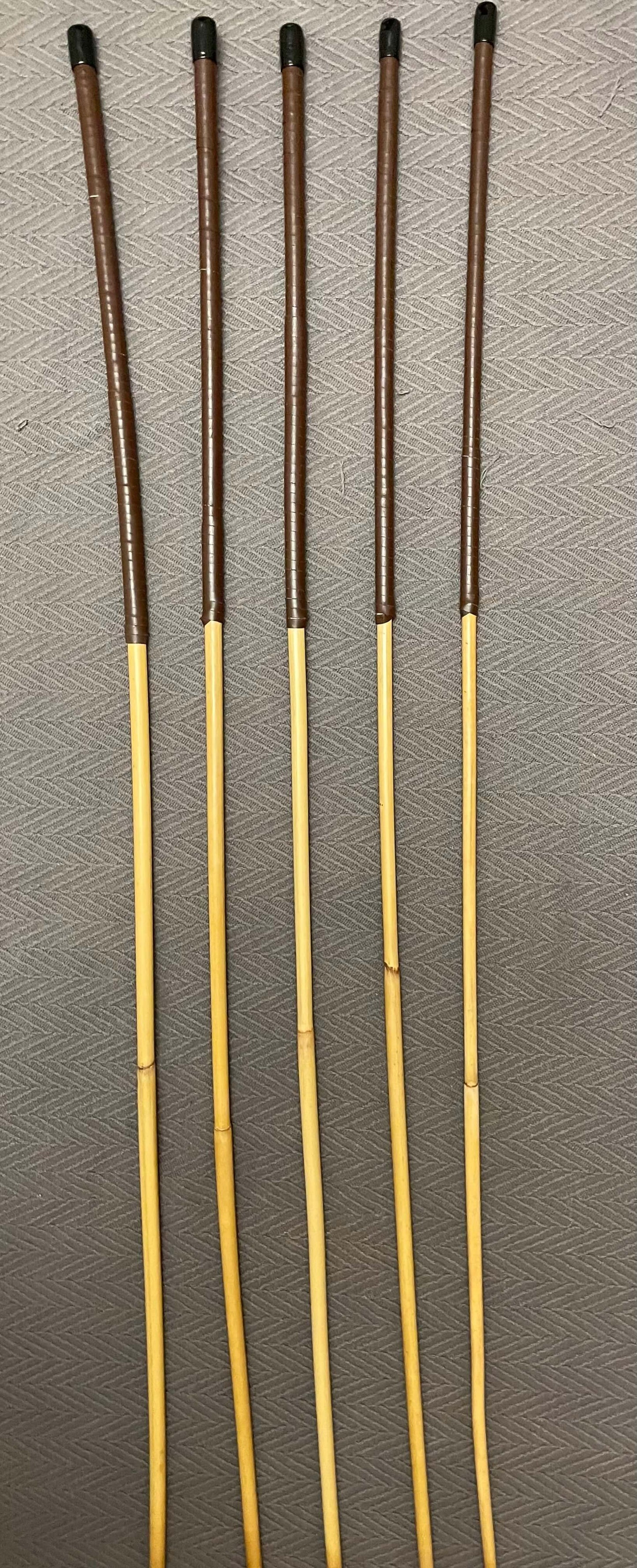 ProDomme Signature Set of 5 Natural Dragon Rattan Canes / School Canes / Whipping Canes - PRO SET - 102 to 105 cms Length - 15” Red / Brandy Kangaroo Leather Handles