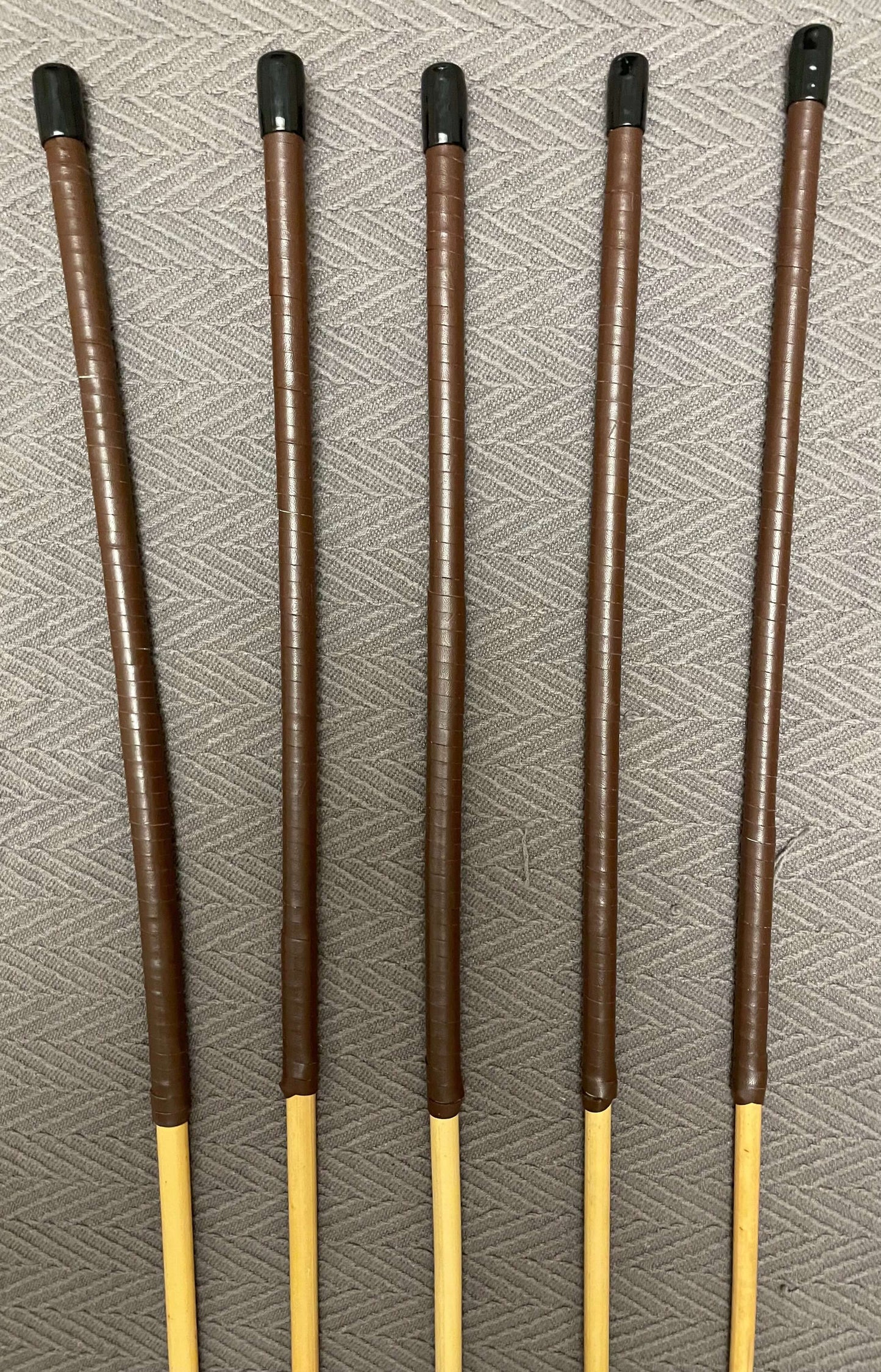 ProDomme Signature Set of 5 Natural Dragon Rattan Canes / School Canes / Whipping Canes - PRO SET - 102 to 105 cms Length - 15” Red / Brandy Kangaroo Leather Handles