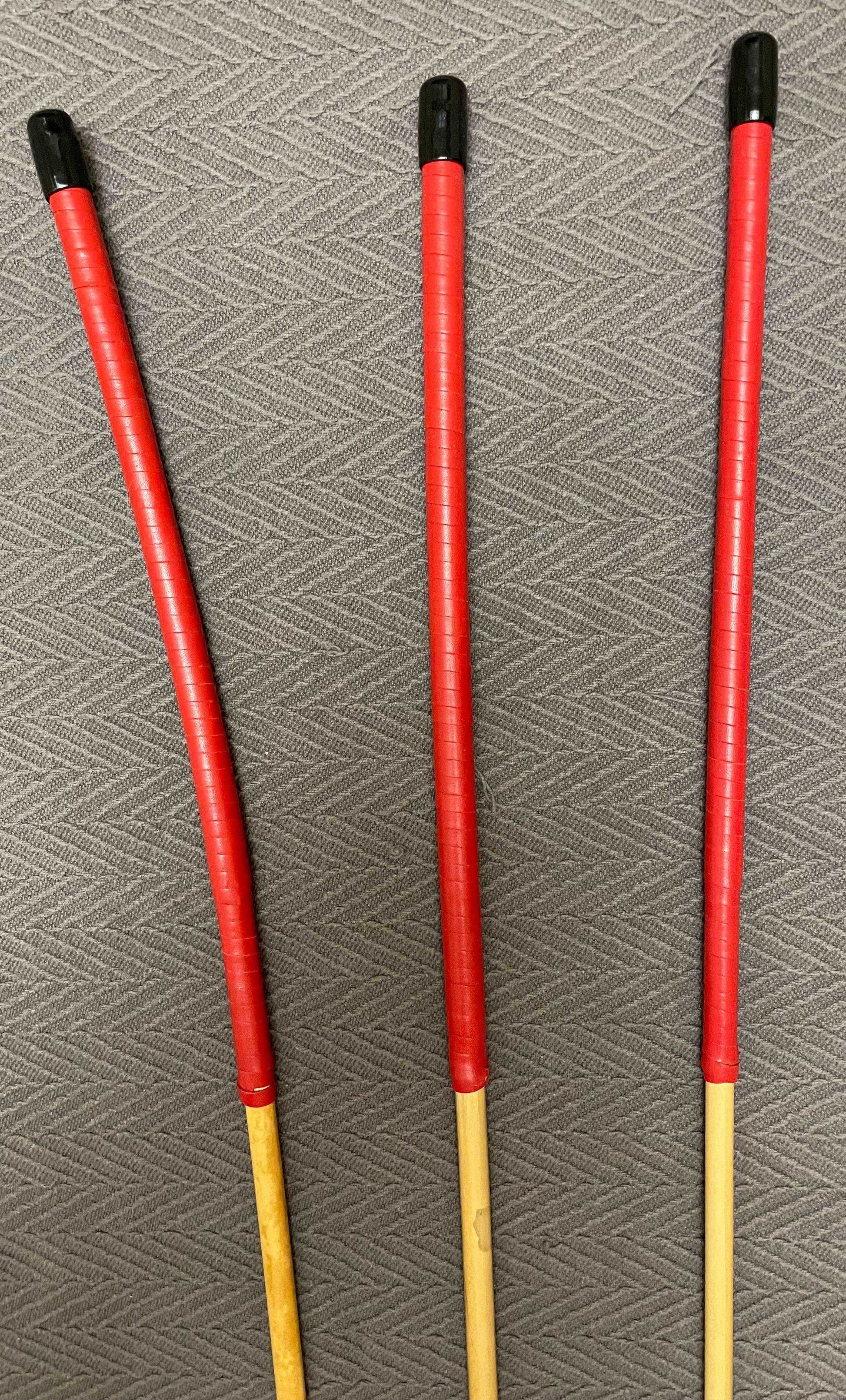 Set of 3 No Knot Natural Dragon Canes / School Canes / Whipping Canes - NO KNOT PRO SET - 90 cms Length -  BLACK/RED Kangaroo Leather Handles - Stripewell Canes