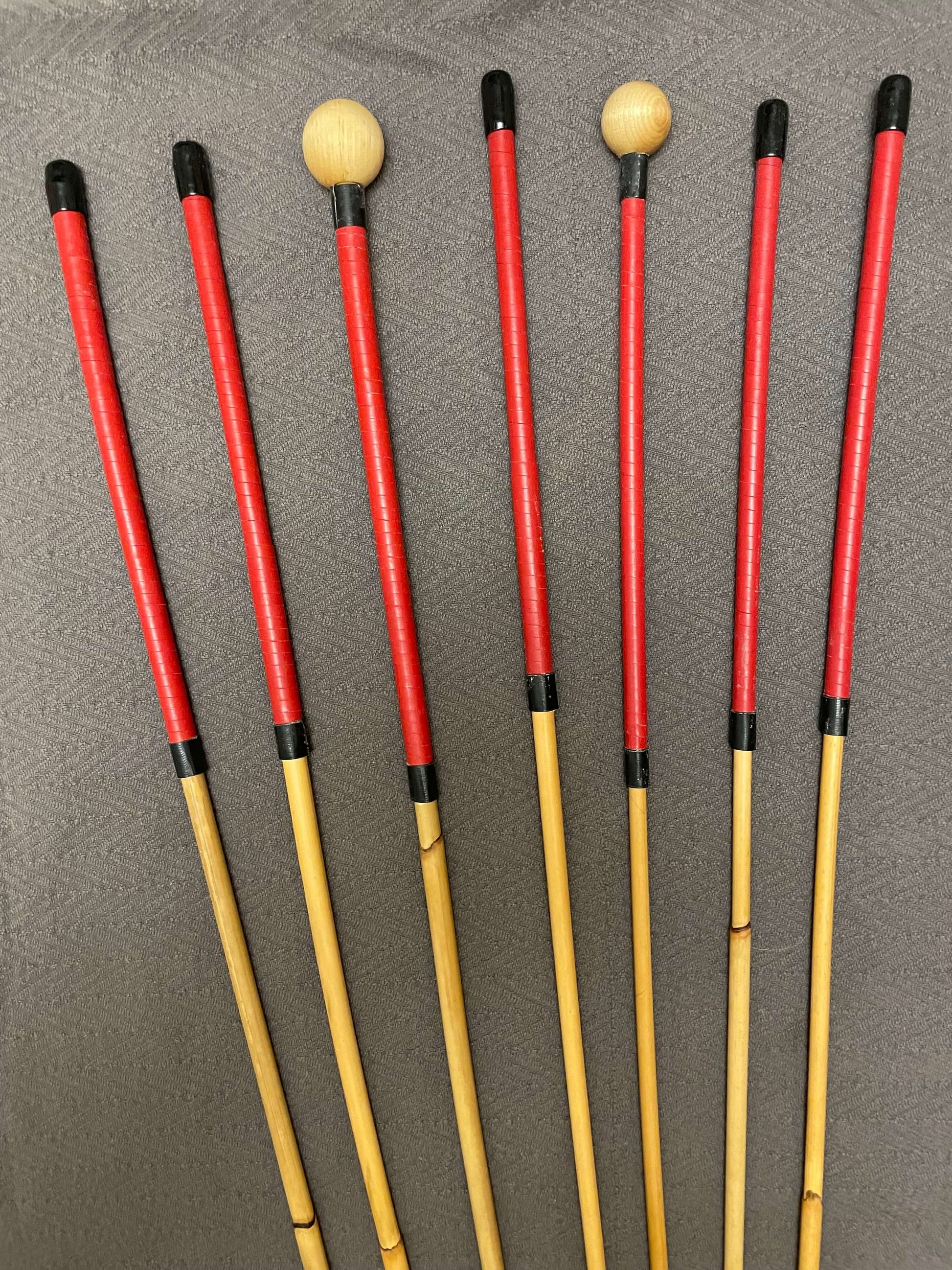 Pro Disciplinarian Dungeon Set of 7 Dragon Canes / BDSM Dominatrix Canes - 95 - 110 cms L - Red Kangaroo Leather Handles - Stripewell Canes