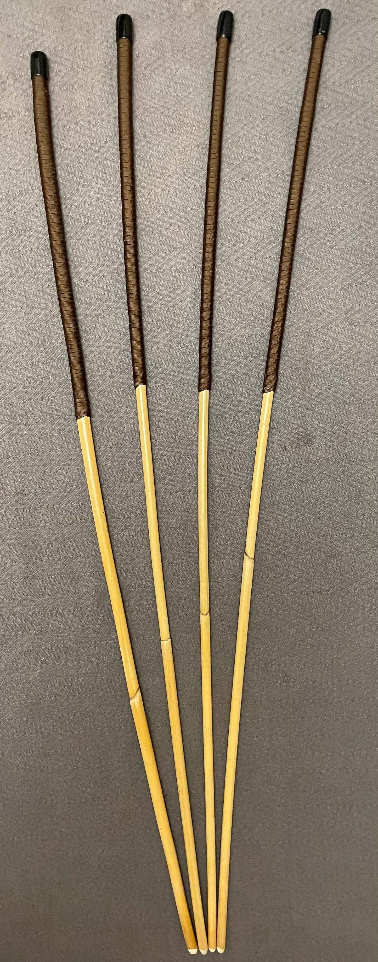 Set of 4 Thick and Thuddy Natural Dragon Rattan Canes / School Canes / Whipping Canes - THICK AND THUDDY SET - 100 cms Length - BROWN Handles - Stripewell Canes