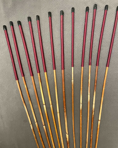 Set of 12 Natural Dragon Rattan Punishment Canes / School Canes / Whipping Canes - SECONDS SET - 95/100 cms Length - BURGUNDY HANDLES - Stripewell Canes