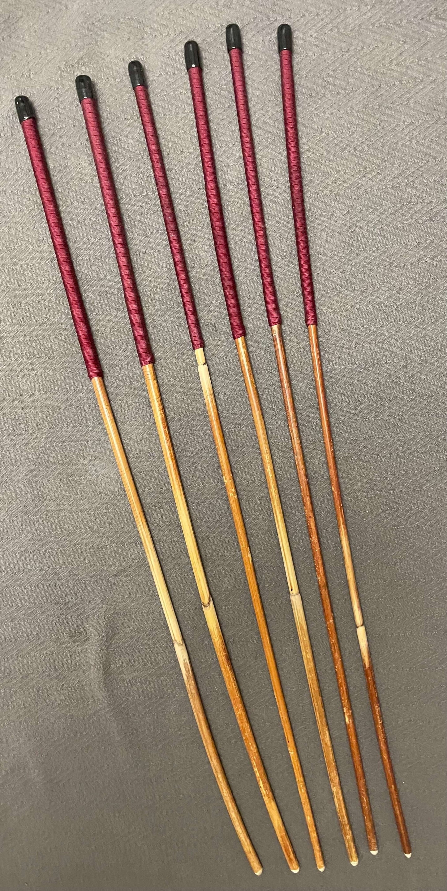 SALES SPECIAL Set of 6 Natural Dragon Rattan Punishment Canes / School Canes / Whipping Canes - SECONDS SET - BURGUNDY Handles