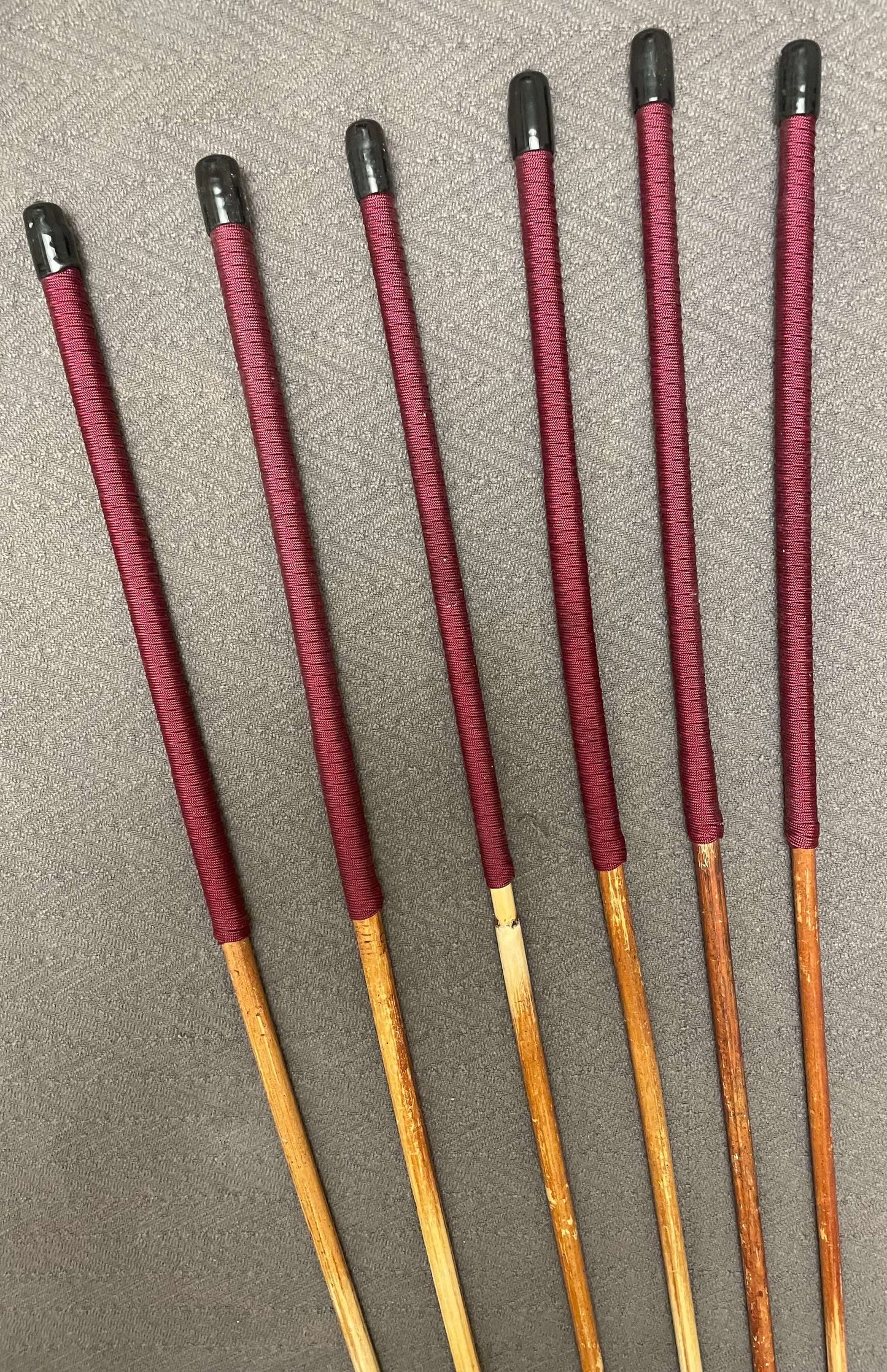 SALES SPECIAL Set of 6 Natural Dragon Rattan Punishment Canes / School Canes / Whipping Canes - SECONDS SET - BURGUNDY Handles