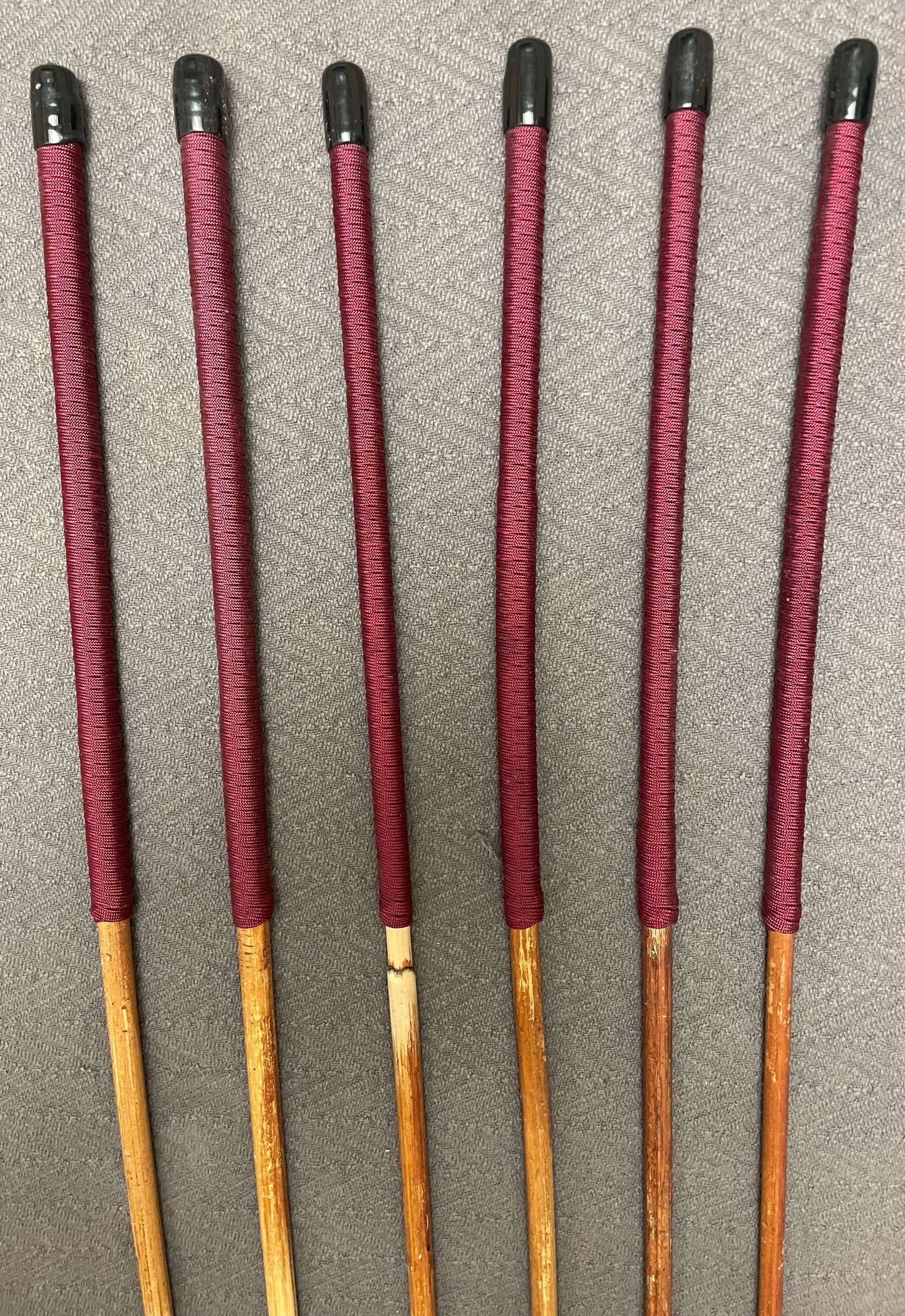 SALES SPECIAL Set of 6 Natural Dragon Rattan Punishment Canes / School Canes / Whipping Canes - SECONDS SET - BURGUNDY Handles