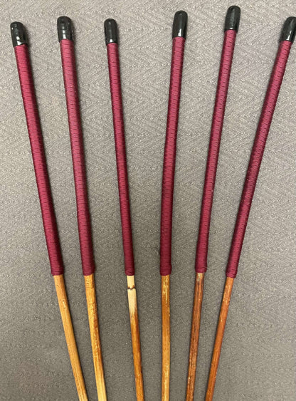 SALES SPECIAL Set of 6 Natural Dragon Rattan Punishment Canes / School Canes / Whipping Canes - SECONDS SET - BURGUNDY Handles