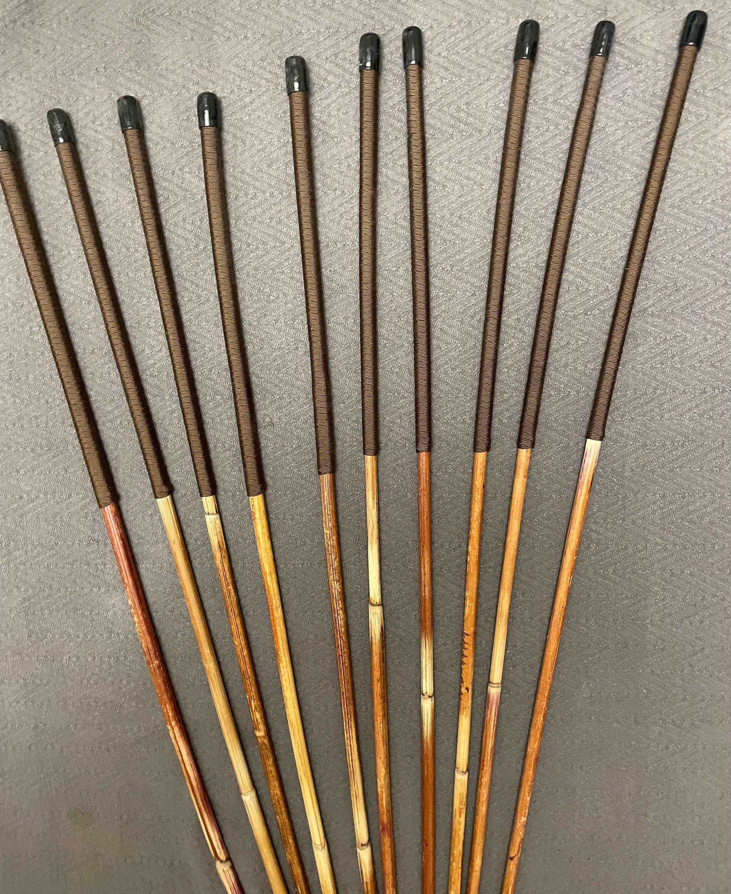 Set of 10 Natural Dragon Rattan Punishment Canes / School Canes / Whipping Canes - SECONDS SET - 95 cms Length - BROWN HANDLES - Stripewell Canes