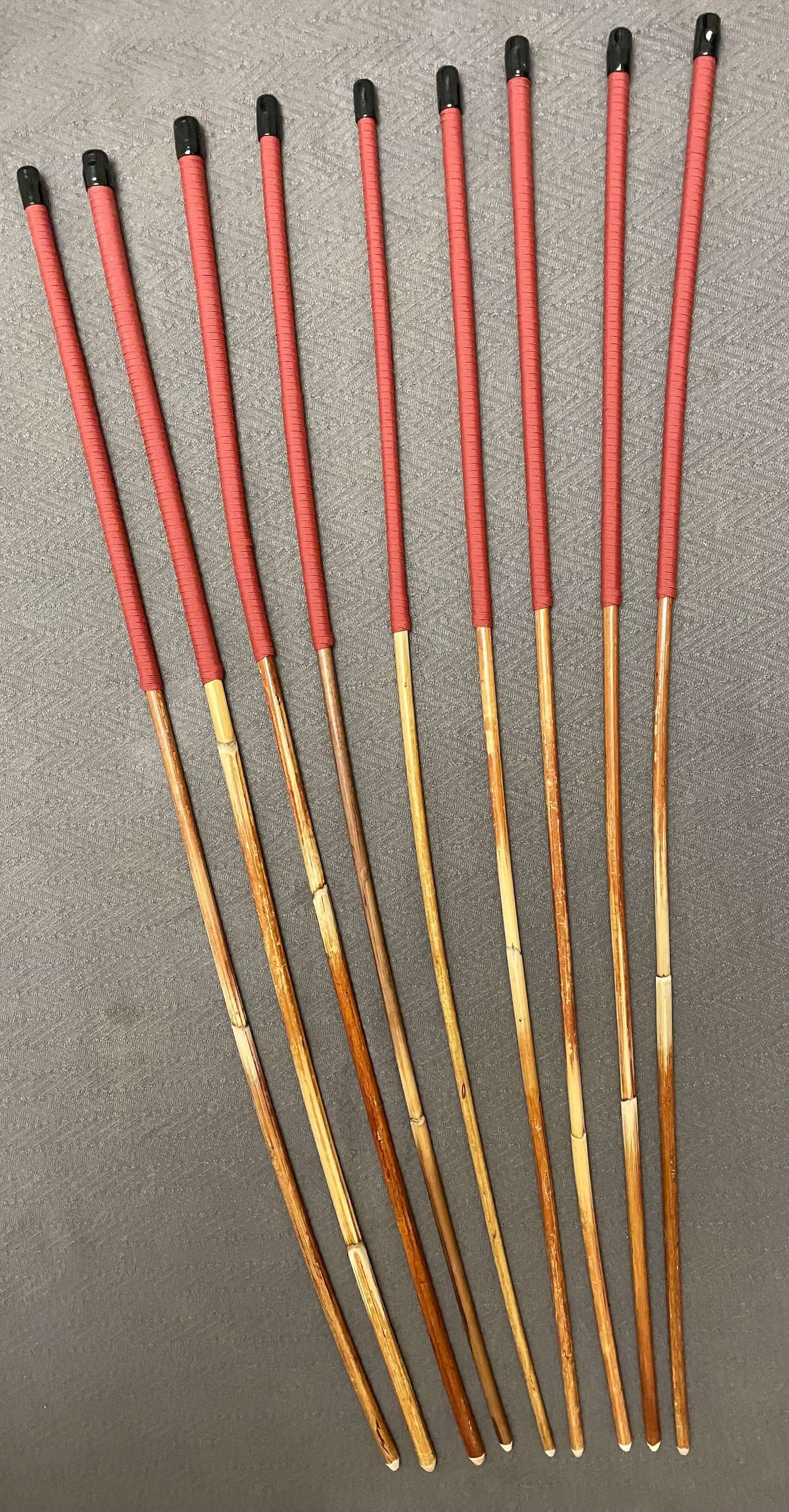 Set of 9 Natural Dragon Canes / BDSM Canes / School Canes SECONDS SET - 95 cms L -& 8 - 13 mm D - Brick Red Paracord Handles - Stripewell Canes