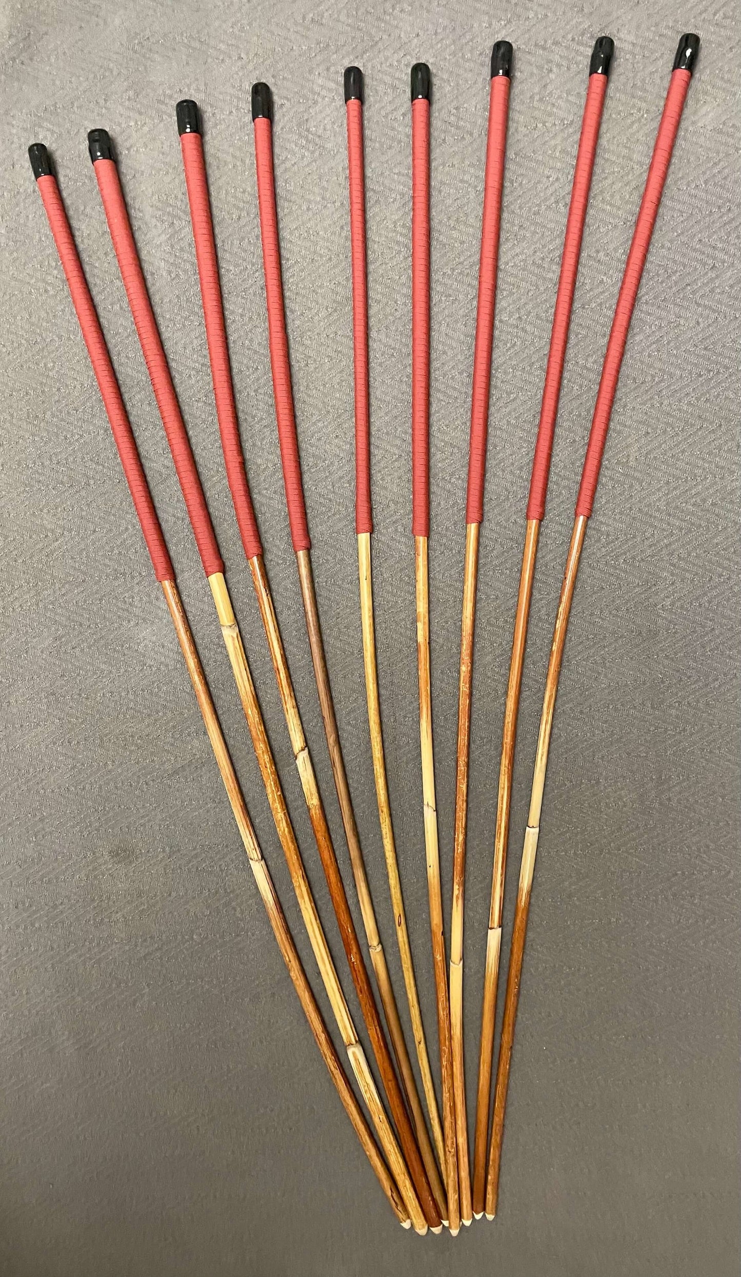 Set of 9 Natural Dragon Canes / BDSM Canes / School Canes SECONDS SET - 95 cms L -& 8 - 13 mm D - Brick Red Paracord Handles - Stripewell Canes