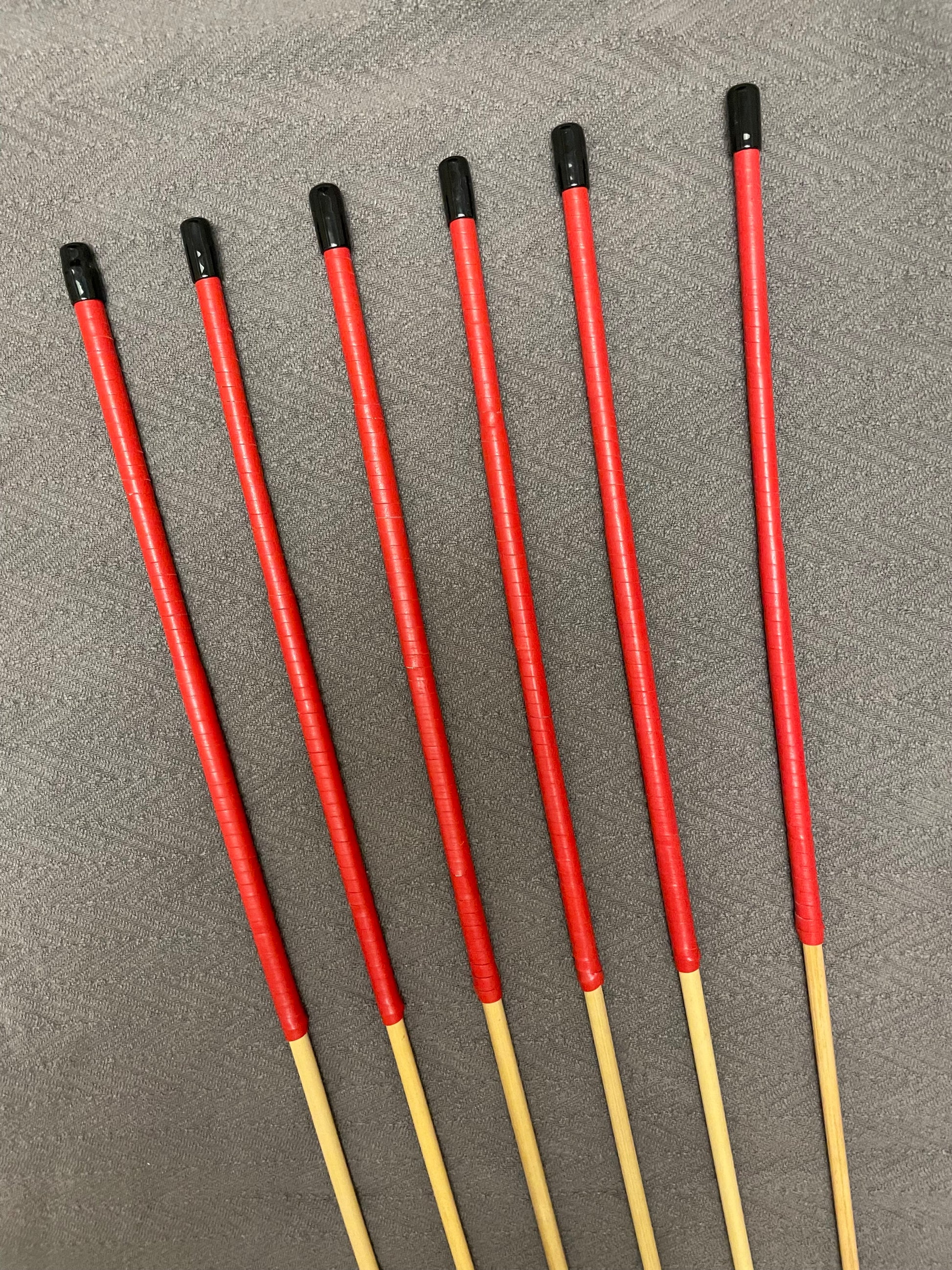 ProDomme Set of 6 Whippy Dragon Canes / Swishy Canes / Falaka Bastinado Canes - 95 cms - Red Kangaroo Leather Handles - Stripewell Canes