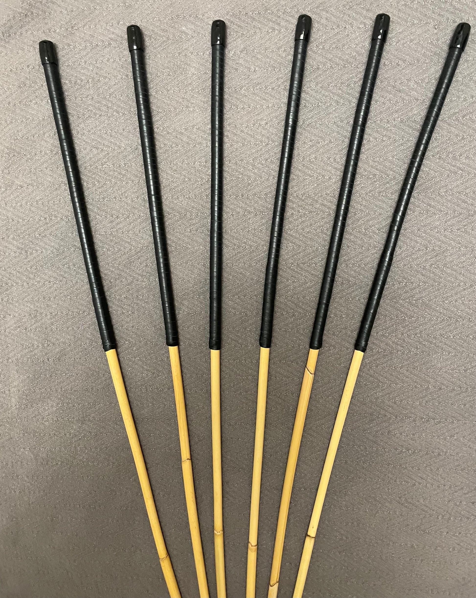 Thick and Thuddy Dragon Punishment Canes / BDSM Canes / ProDomme Set of 6 Rattan Canes  - 95 cms Length - Black Kangaroo Leather Handles