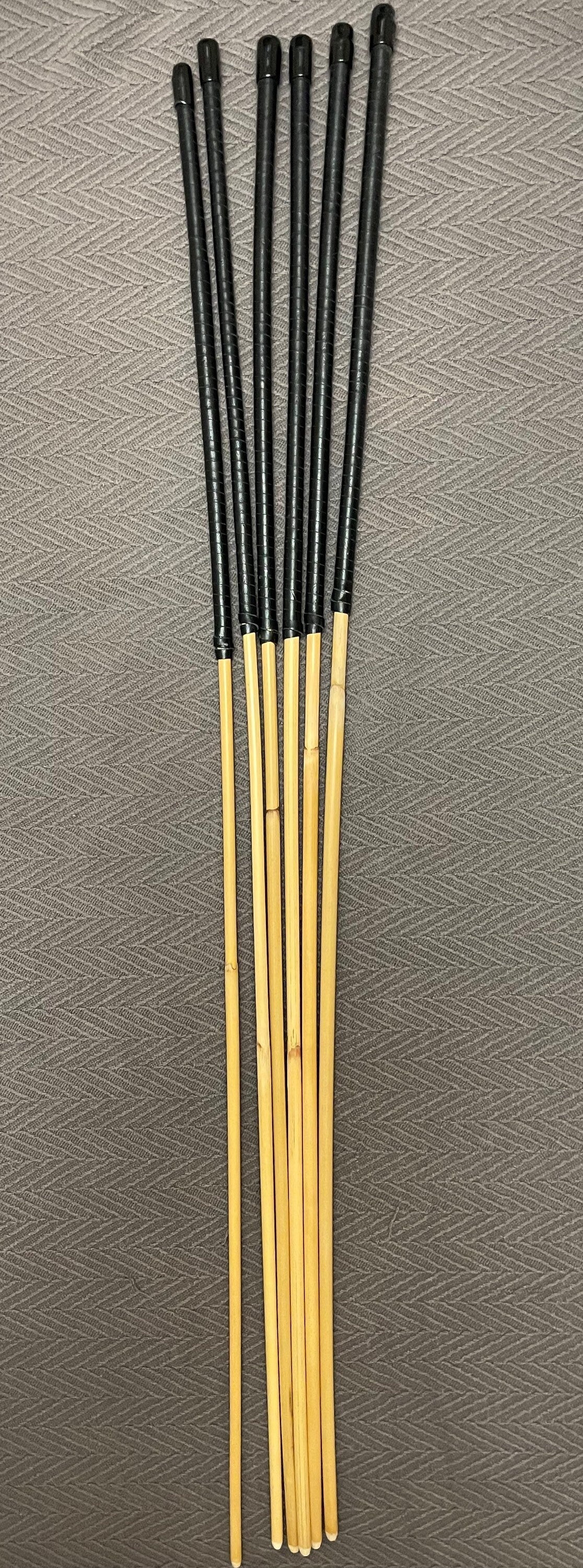 ProDomme Set of 6 Whippy Dragon Canes / Swishy Dragon Canes / Falaka Bastinado Canes - 95 cms - Black Kangaroo Leather Handles - Stripewell Canes